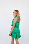 Hammered Satin Flare Halter Dress, Green