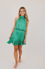 Hammered Satin Flare Halter Dress, Green