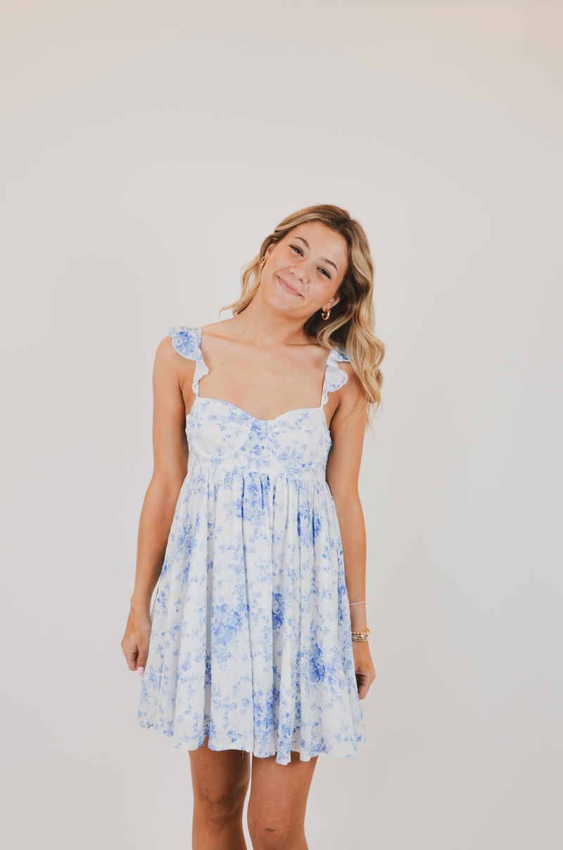 Blue Floral Wing Strap Mini Dress