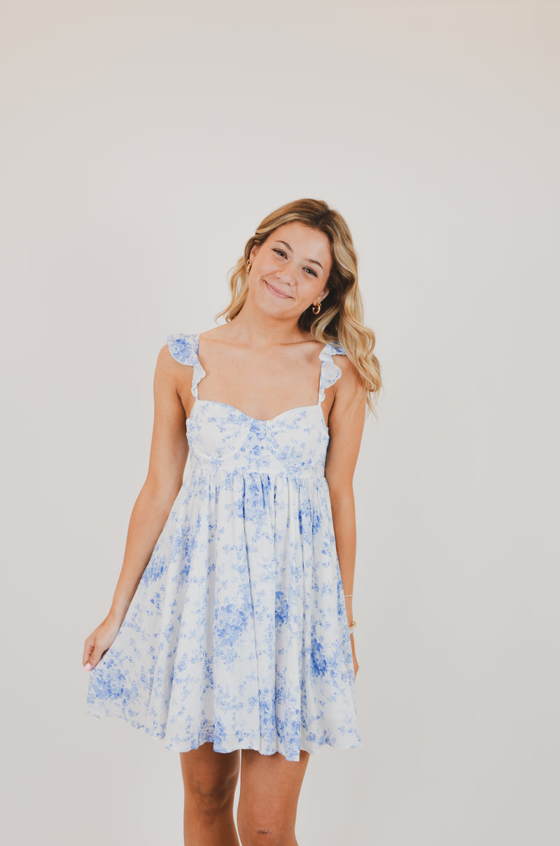 Blue Floral Wing Strap Mini Dress
