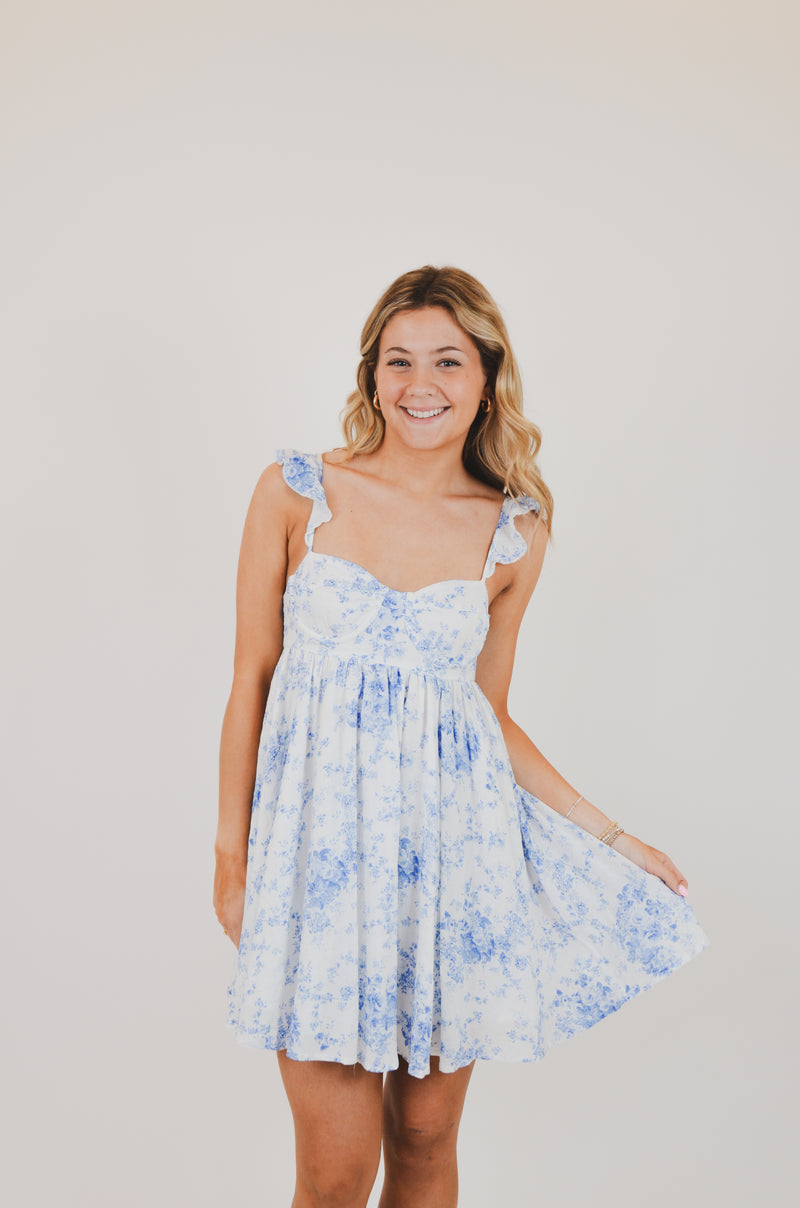 Blue Floral Wing Strap Mini Dress