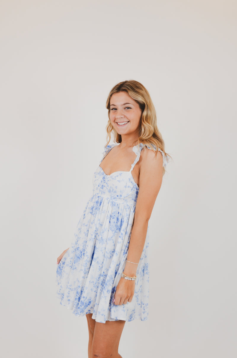 Blue Floral Wing Strap Mini Dress