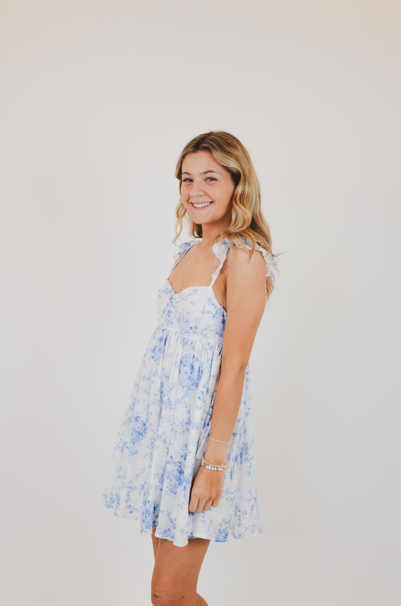 Blue Floral Wing Strap Mini Dress
