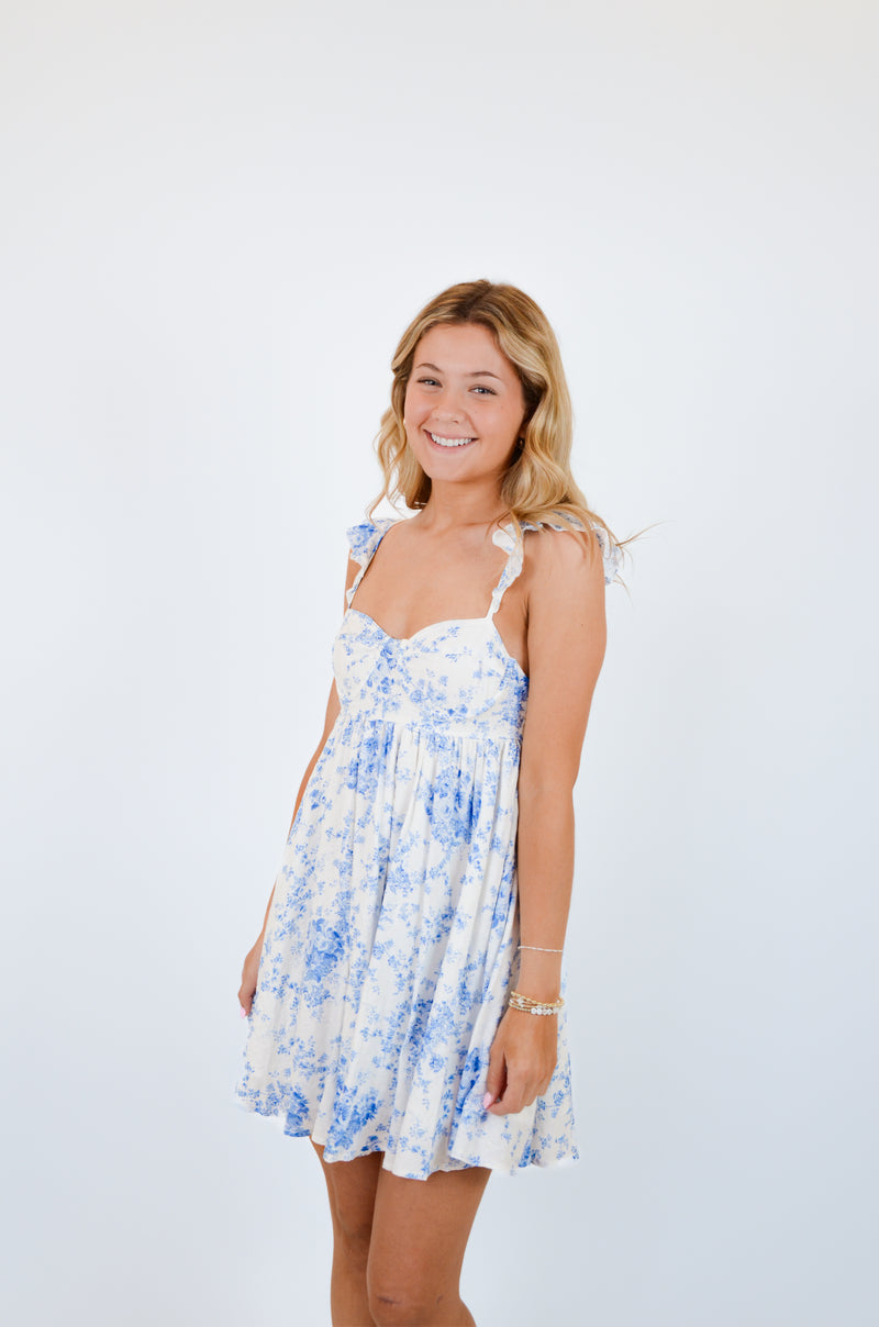 Blue Floral Wing Strap Mini Dress