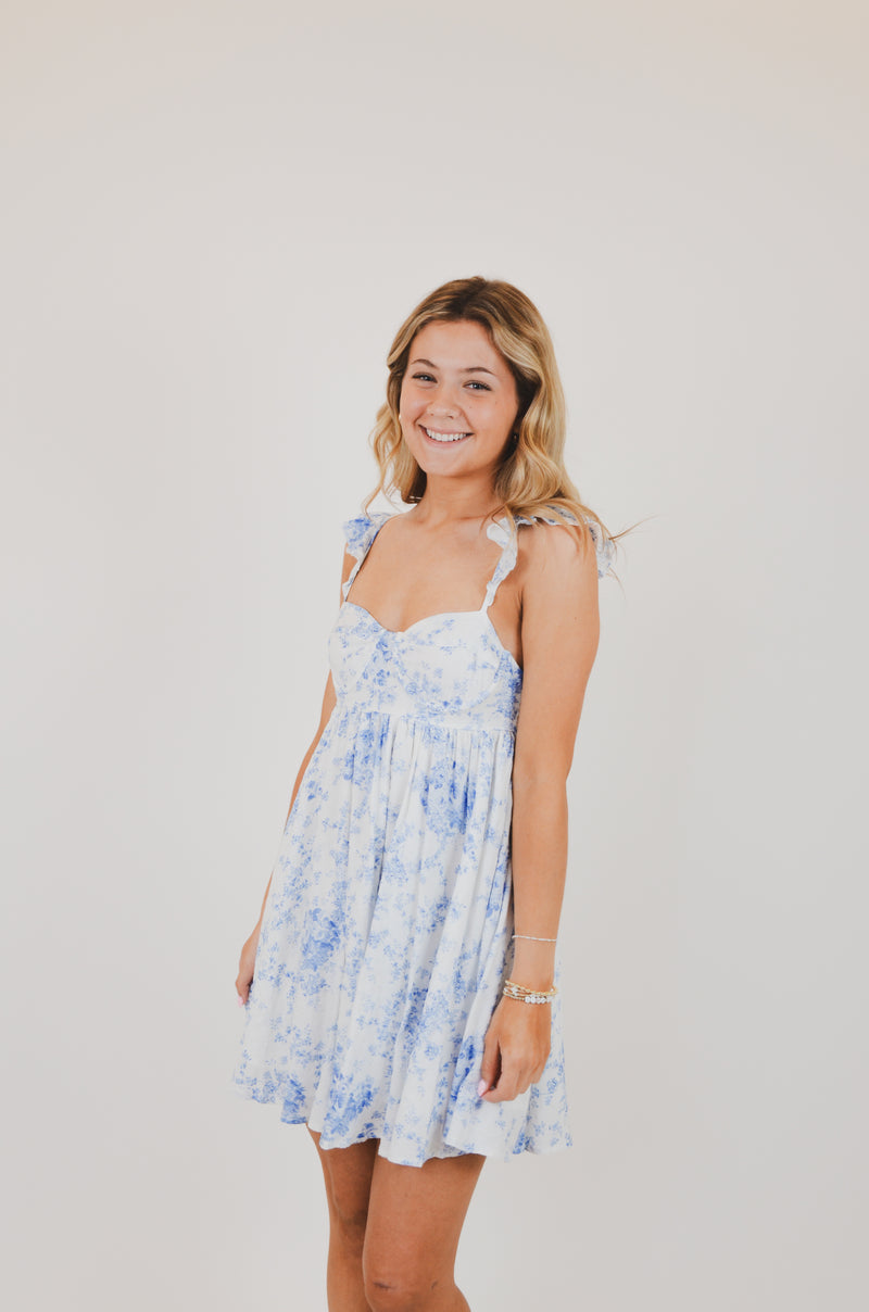 Blue Floral Wing Strap Mini Dress
