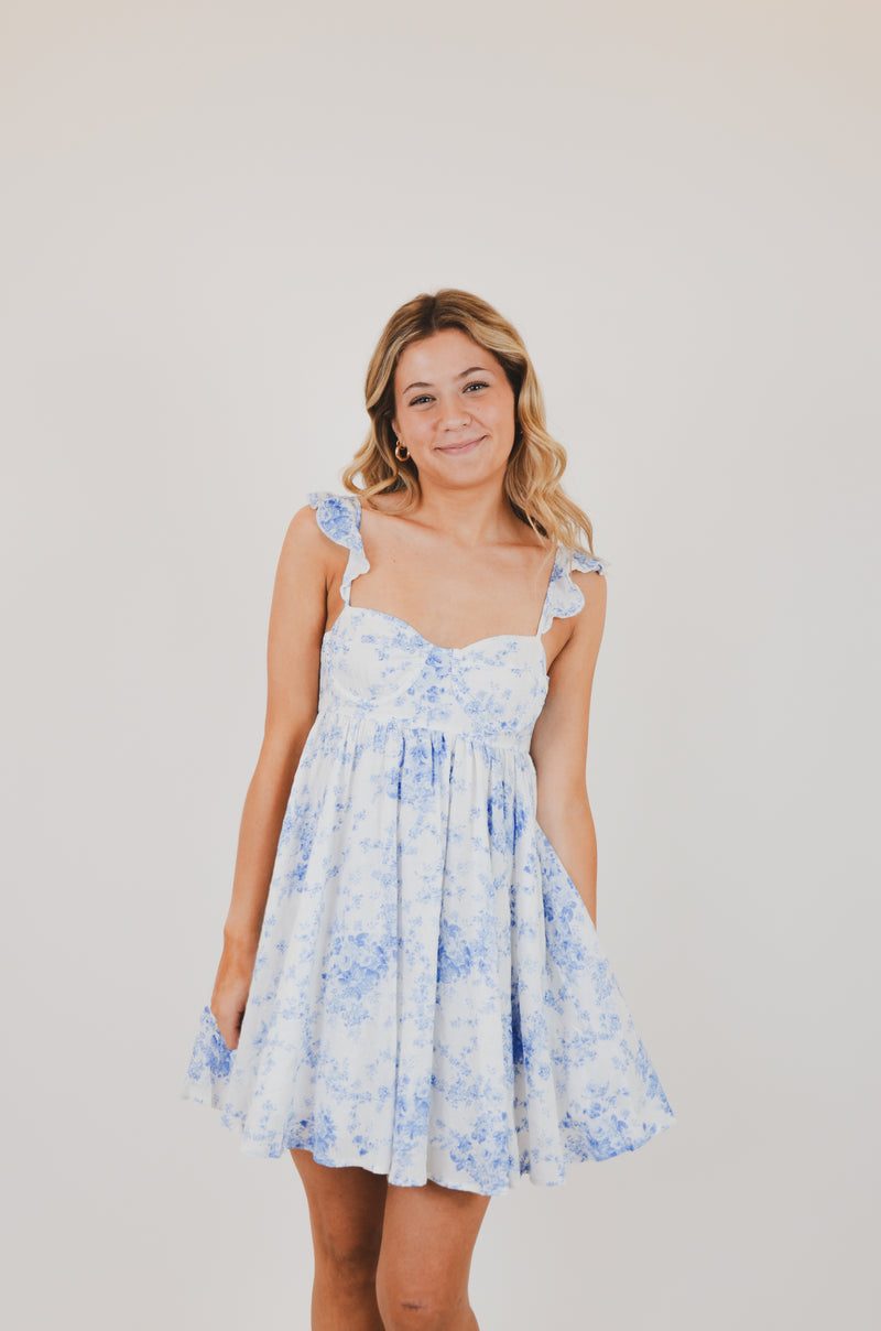 Blue Floral Wing Strap Mini Dress