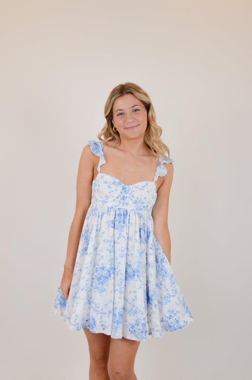 Blue Floral Wing Strap Mini Dress