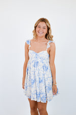 Blue Floral Wing Strap Mini Dress