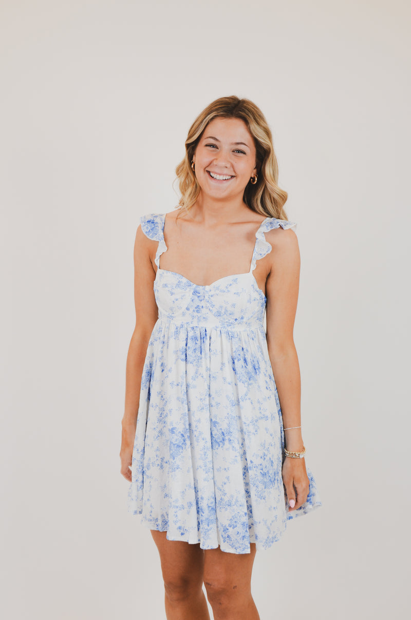 Blue Floral Wing Strap Mini Dress