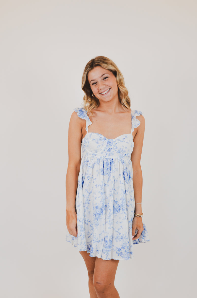 Blue Floral Wing Strap Mini Dress