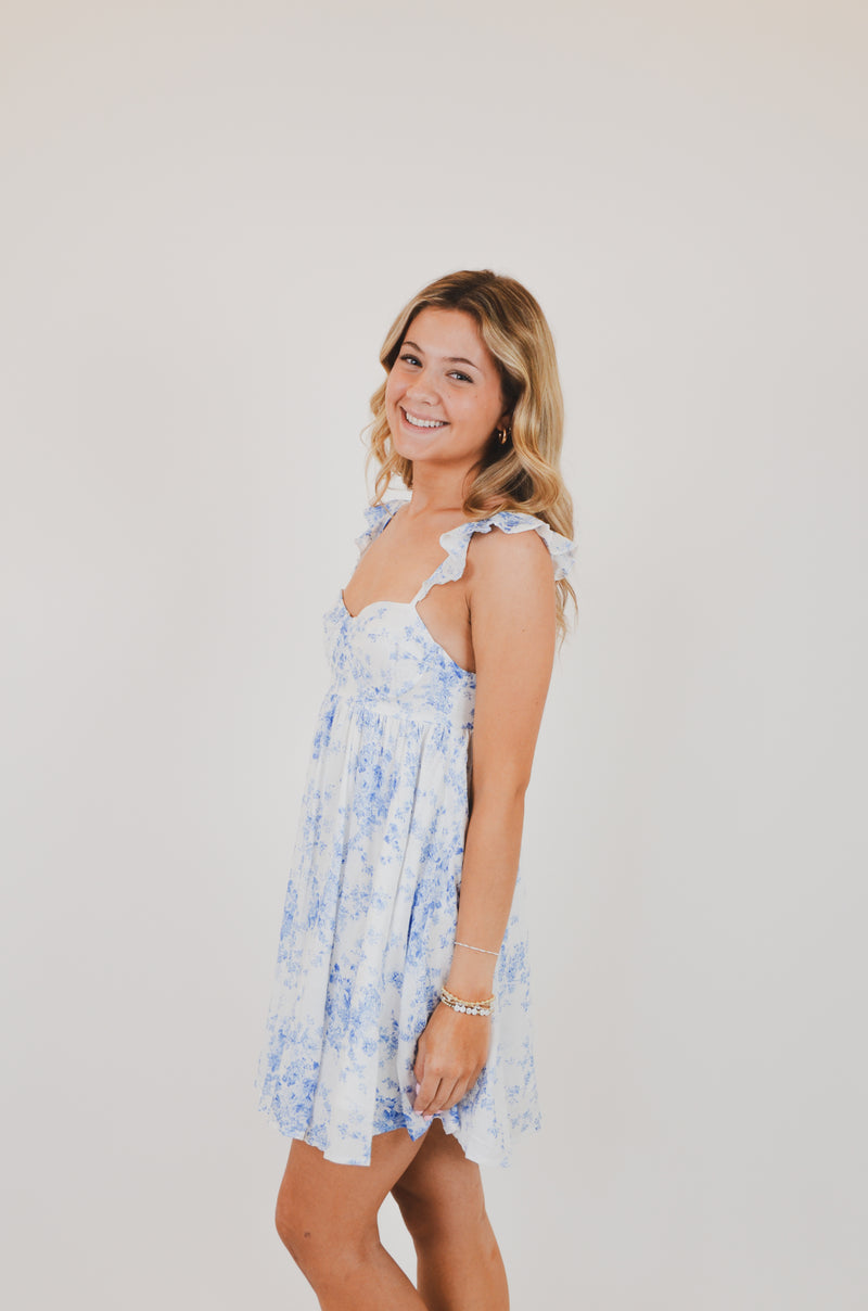 Blue Floral Wing Strap Mini Dress
