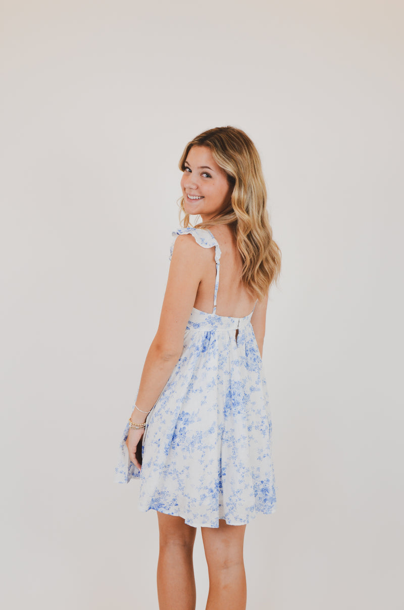 Blue Floral Wing Strap Mini Dress