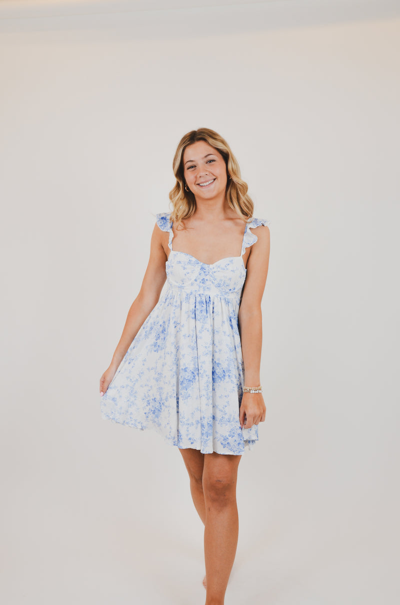 Blue Floral Wing Strap Mini Dress