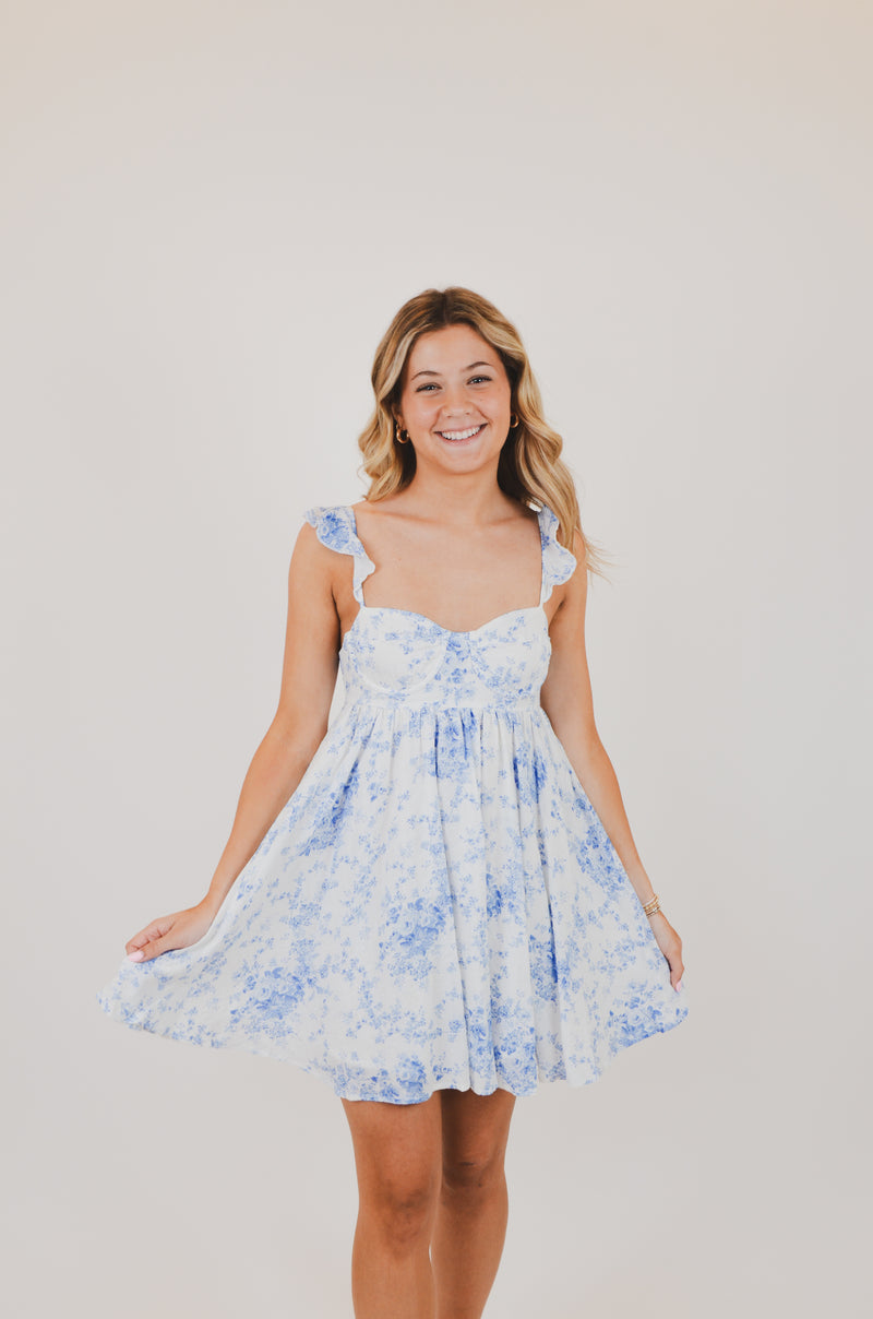 Blue Floral Wing Strap Mini Dress