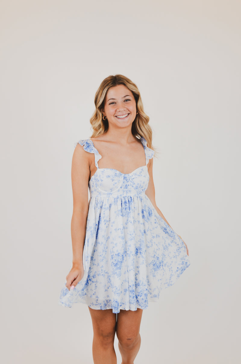 Blue Floral Wing Strap Mini Dress