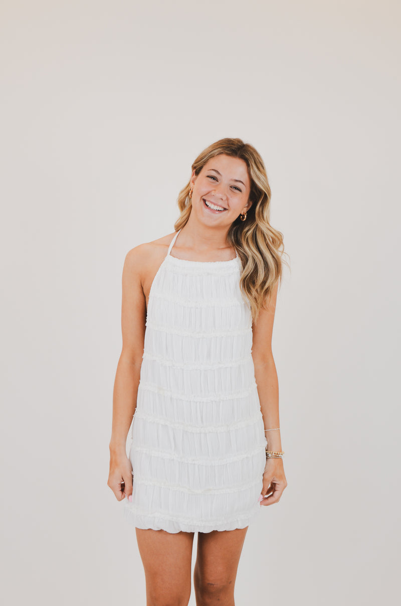 White Halter Full Body Tiered Crinkle Mini Dress