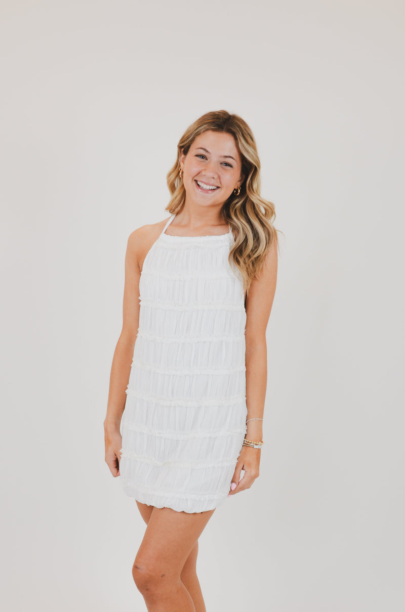 White Halter Full Body Tiered Crinkle Mini Dress