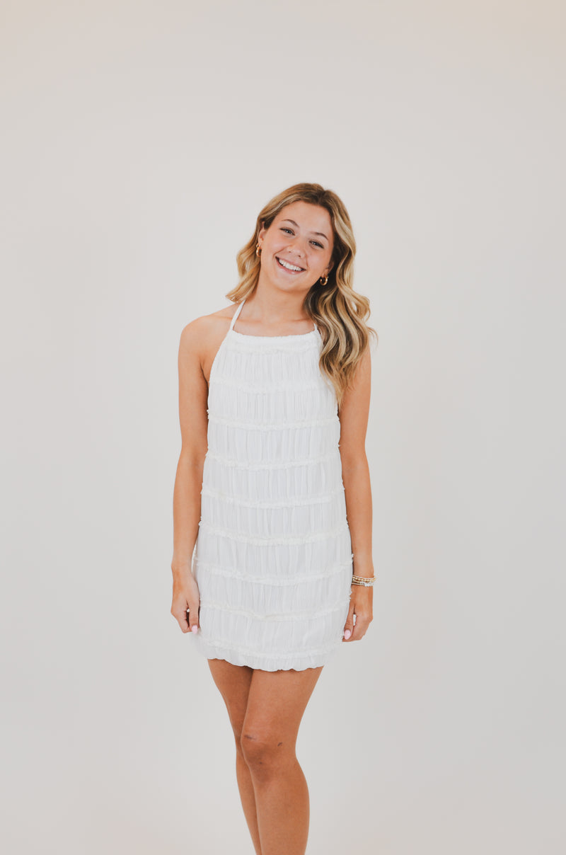 White Halter Full Body Tiered Crinkle Mini Dress