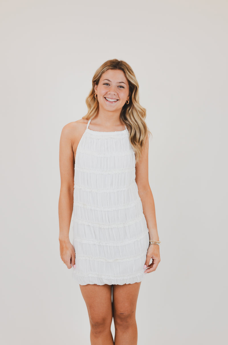 White Halter Full Body Tiered Crinkle Mini Dress