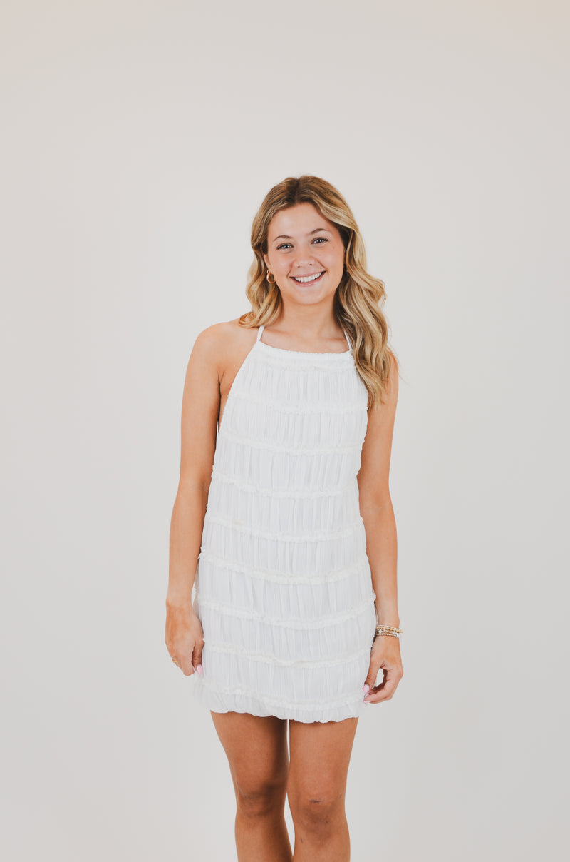White Halter Full Body Tiered Crinkle Mini Dress