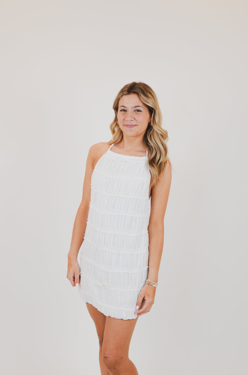 White Halter Full Body Tiered Crinkle Mini Dress