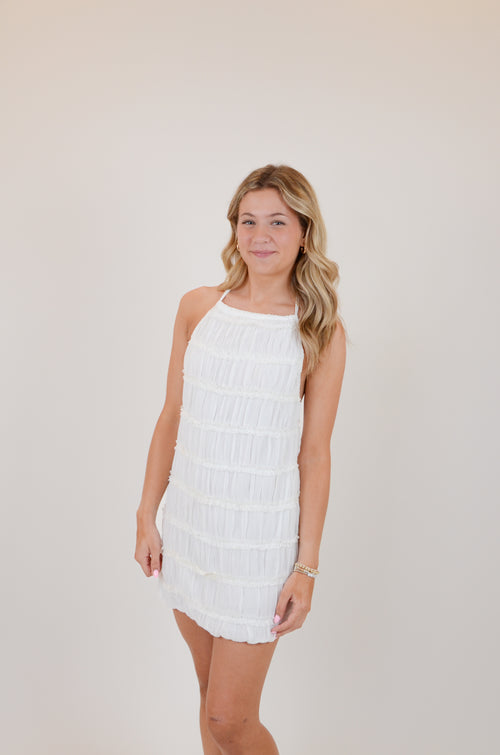 White Halter Full Body Tiered Crinkle Mini Dress