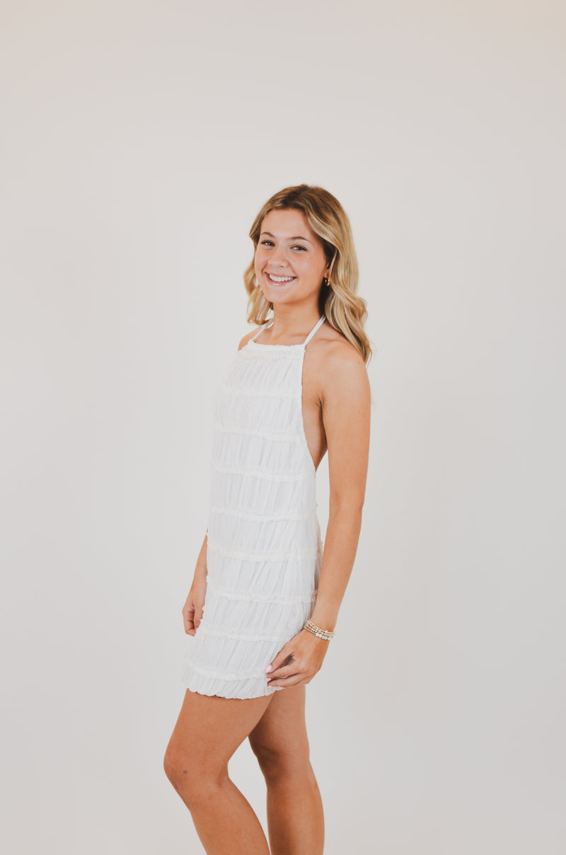 White Halter Full Body Tiered Crinkle Mini Dress