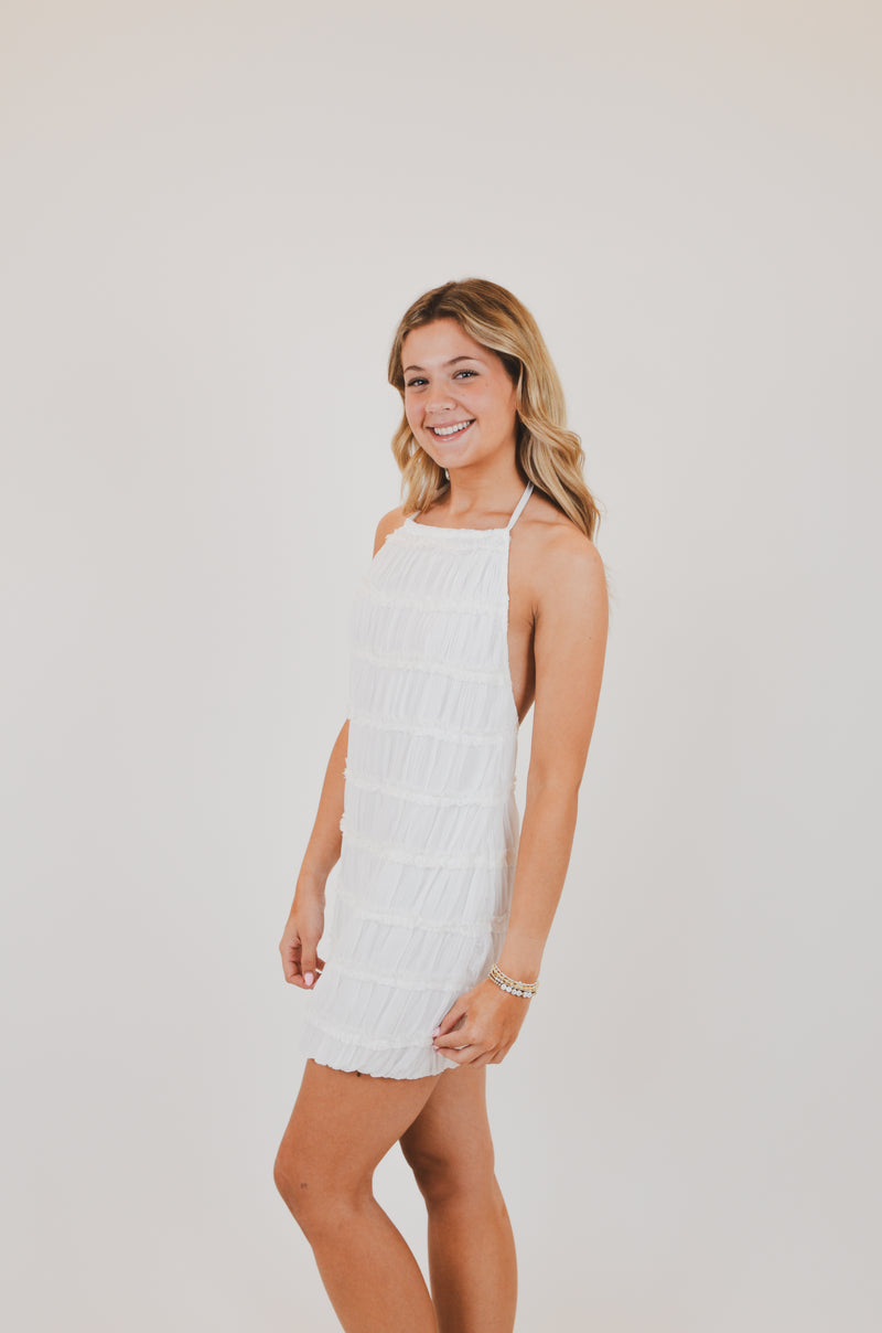 White Halter Full Body Tiered Crinkle Mini Dress