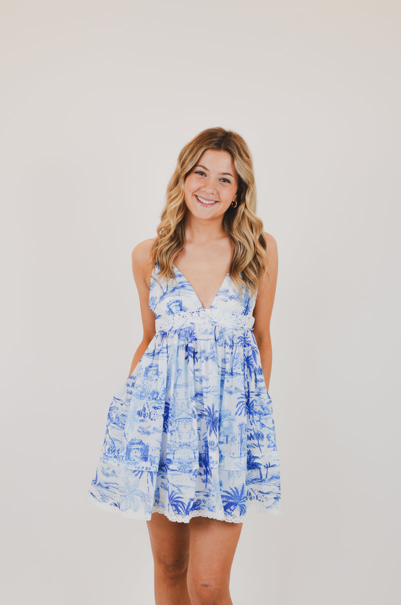 Blue Palm Tree Swing Mini Dress