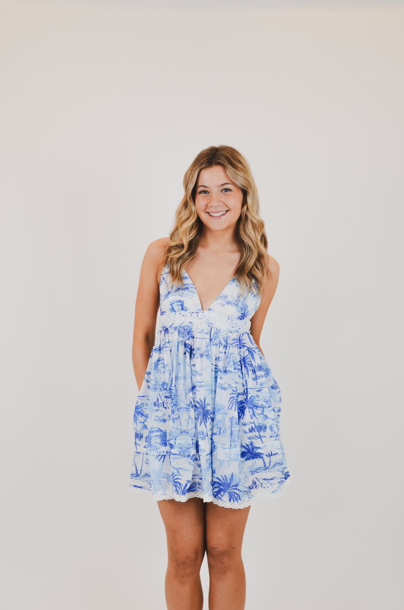 Blue Palm Tree Swing Mini Dress