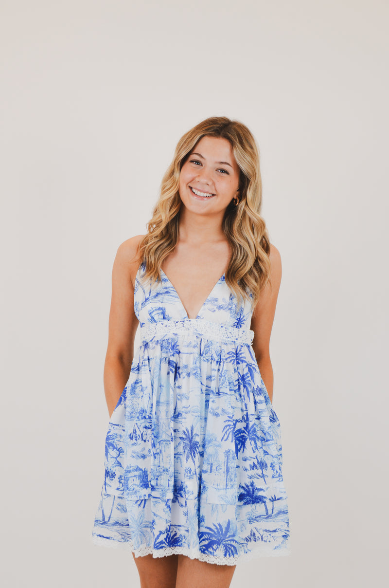 Blue Palm Tree Swing Mini Dress