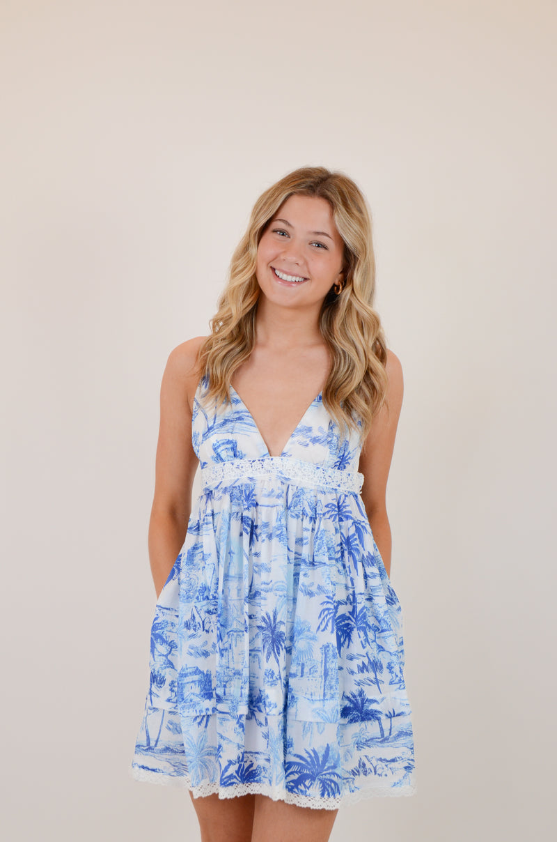 Blue Palm Tree Swing Mini Dress