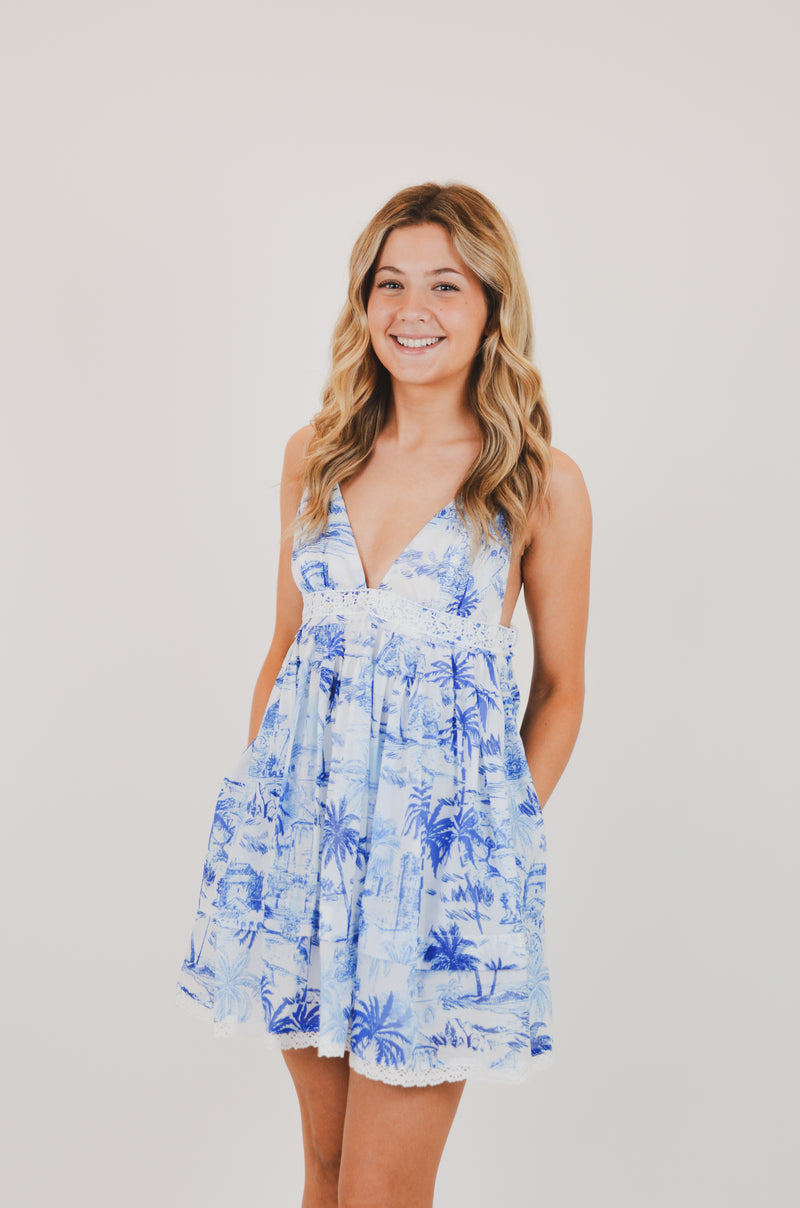 Blue Palm Tree Swing Mini Dress