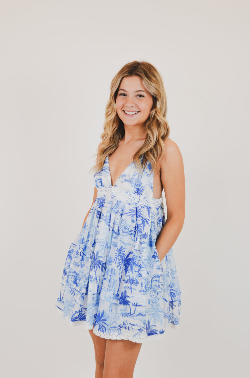 Blue Palm Tree Swing Mini Dress
