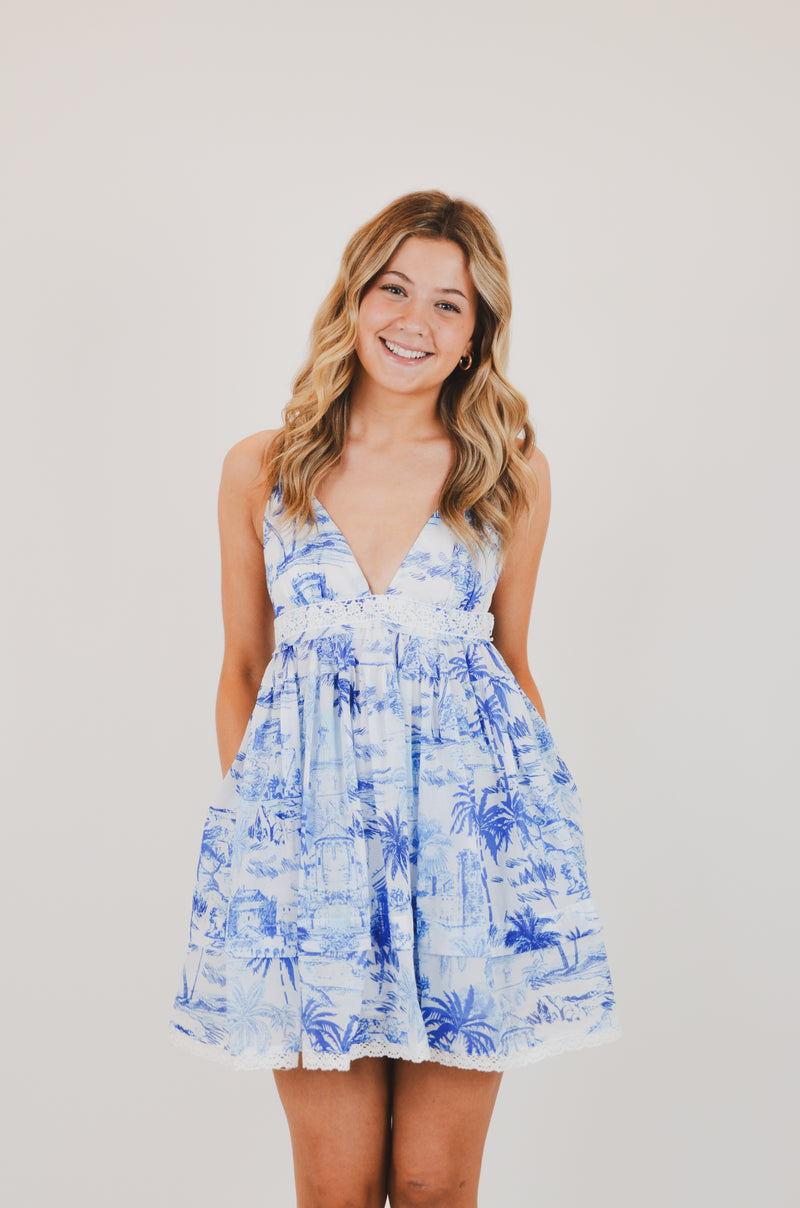 Blue Palm Tree Swing Mini Dress