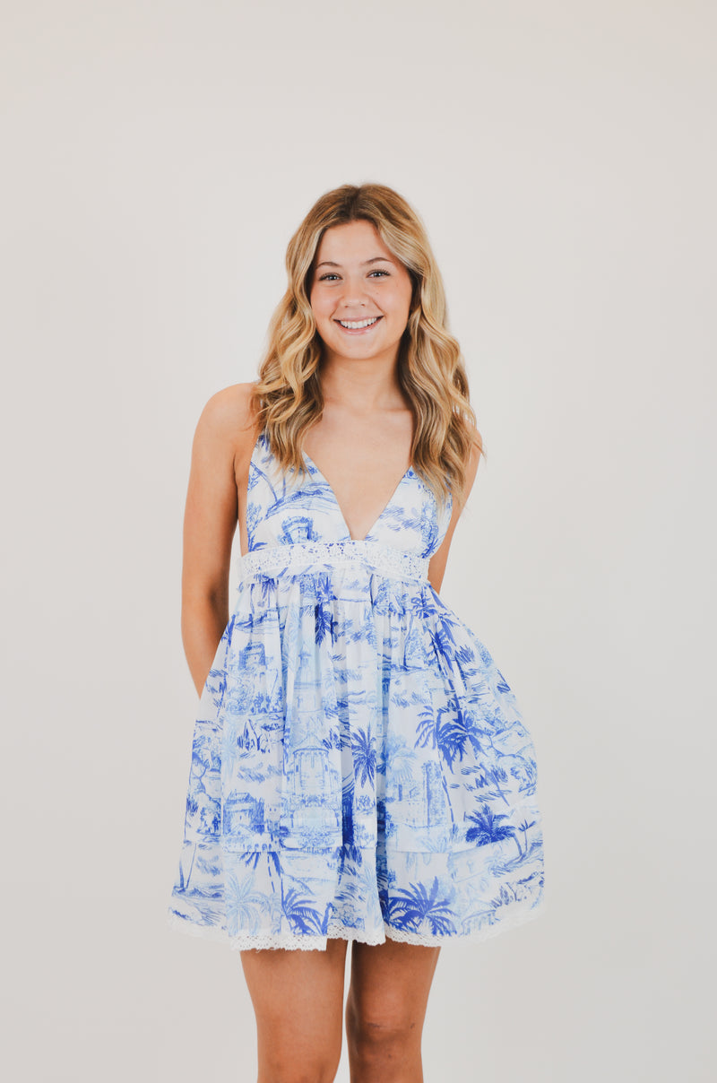 Blue Palm Tree Swing Mini Dress