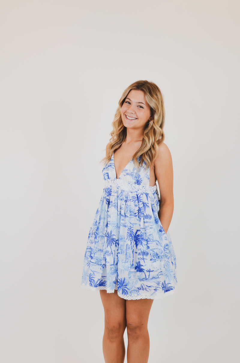 Blue Palm Tree Swing Mini Dress