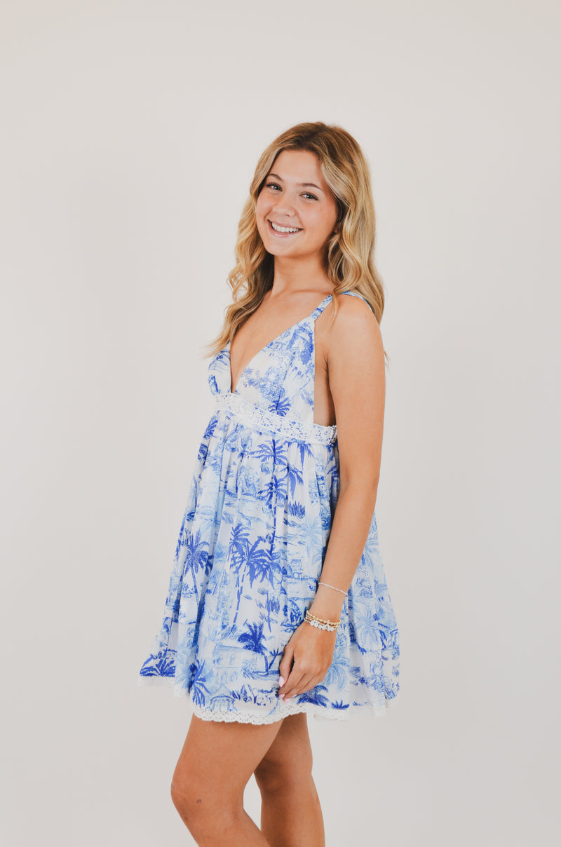 Blue Palm Tree Swing Mini Dress