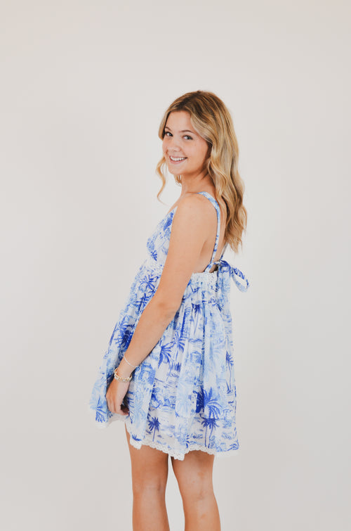 Blue Palm Tree Swing Mini Dress