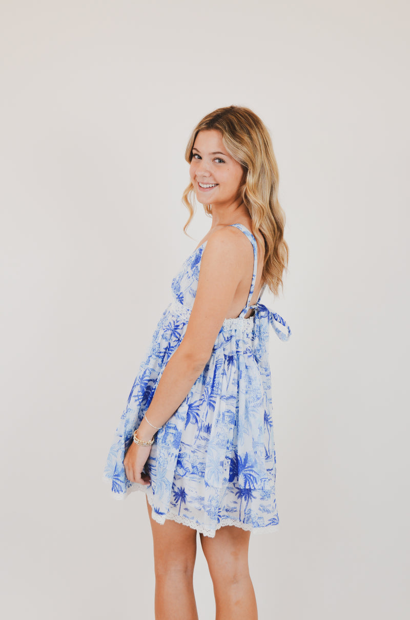Blue Palm Tree Swing Mini Dress