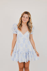 Blue Balloon Floral Ruffle Sleeve Mini Dress