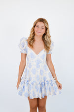 Blue Balloon Floral Ruffle Sleeve Mini Dress