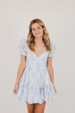 Blue Balloon Floral Ruffle Sleeve Mini Dress