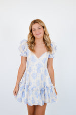 Blue Balloon Floral Ruffle Sleeve Mini Dress