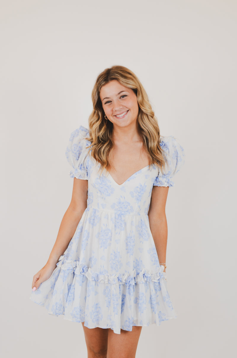 Blue Balloon Floral Ruffle Sleeve Mini Dress