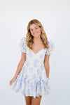 Blue Balloon Floral Ruffle Sleeve Mini Dress