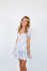 Blue Balloon Floral Ruffle Sleeve Mini Dress