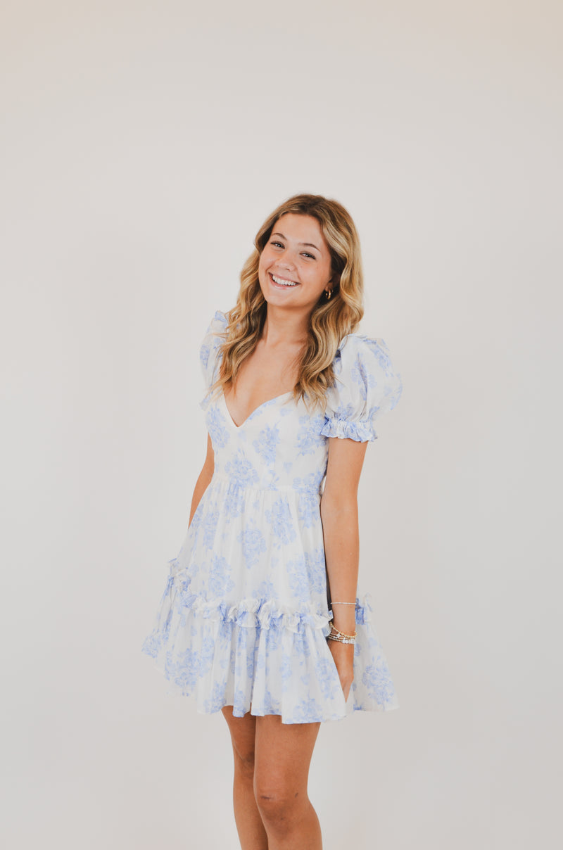 Blue Balloon Floral Ruffle Sleeve Mini Dress