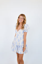 Blue Balloon Floral Ruffle Sleeve Mini Dress