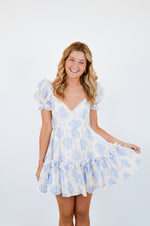 Blue Balloon Floral Ruffle Sleeve Mini Dress